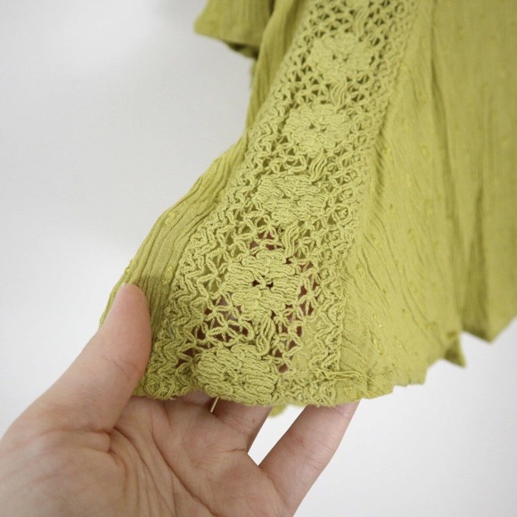 Free People XS Gauze Lace Lattice Neck Tunic Chartreuse Babydoll Bell Sleeve - Picture 6 of 11